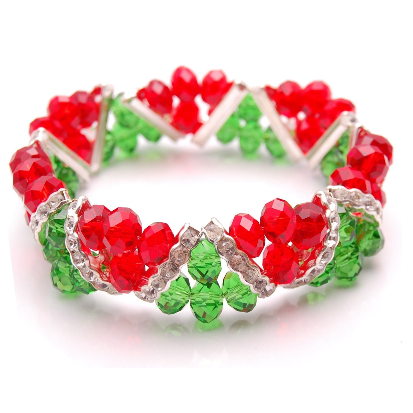 BESHEEK Bleek2Sheek Christmas Red and Green Crystal Glass and Rhinestone Stretch bracelet| Handmade Hypoallergenic Boho Beach Gala Wedding Style Jewelry