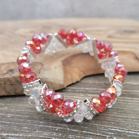 BESHEEK Bleek2Sheek Candy Cane Red and Clear Crystal Glass and Rhinestone Stretch bracelet| Handmade Hypoallergenic Boho Beach Gala Wedding Style Jewelry