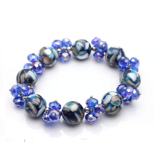 BESHEEK Cobalt Blue Crystal and Mosaic Marble Stretch Bracelet| Handmade Hypoallergenic Boho Beach Gala Wedding Style Jewelry
