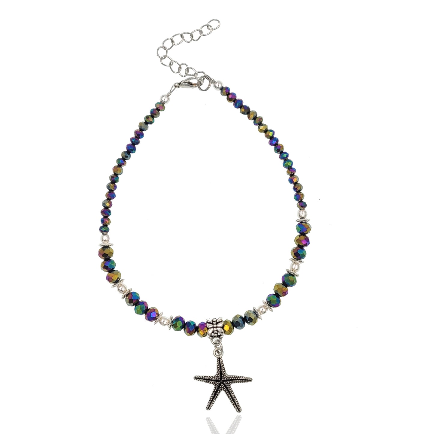 BESHEEK Starfish RAINBOW Hue Faceted Crystal Glass Artisan Beaded Anklet with Extension | Handmade Hypoallergenic Beach Gala Wedding Style Jewelry