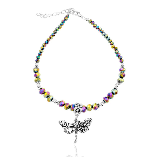 BESHEEK Dragonfly RAINBOW Hue Faceted Crystal Glass Artisan Beaded Anklet with Extension | Handmade Hypoallergenic Beach Gala Wedding Style Jewelry