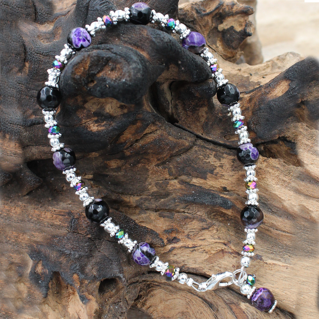 BESHEEK Purple and Black Calsilica Faceted Stone Artisan Beaded Anklet with Extension | Handmade Hypoallergenic Beach Gala Wedding Style Jewelry