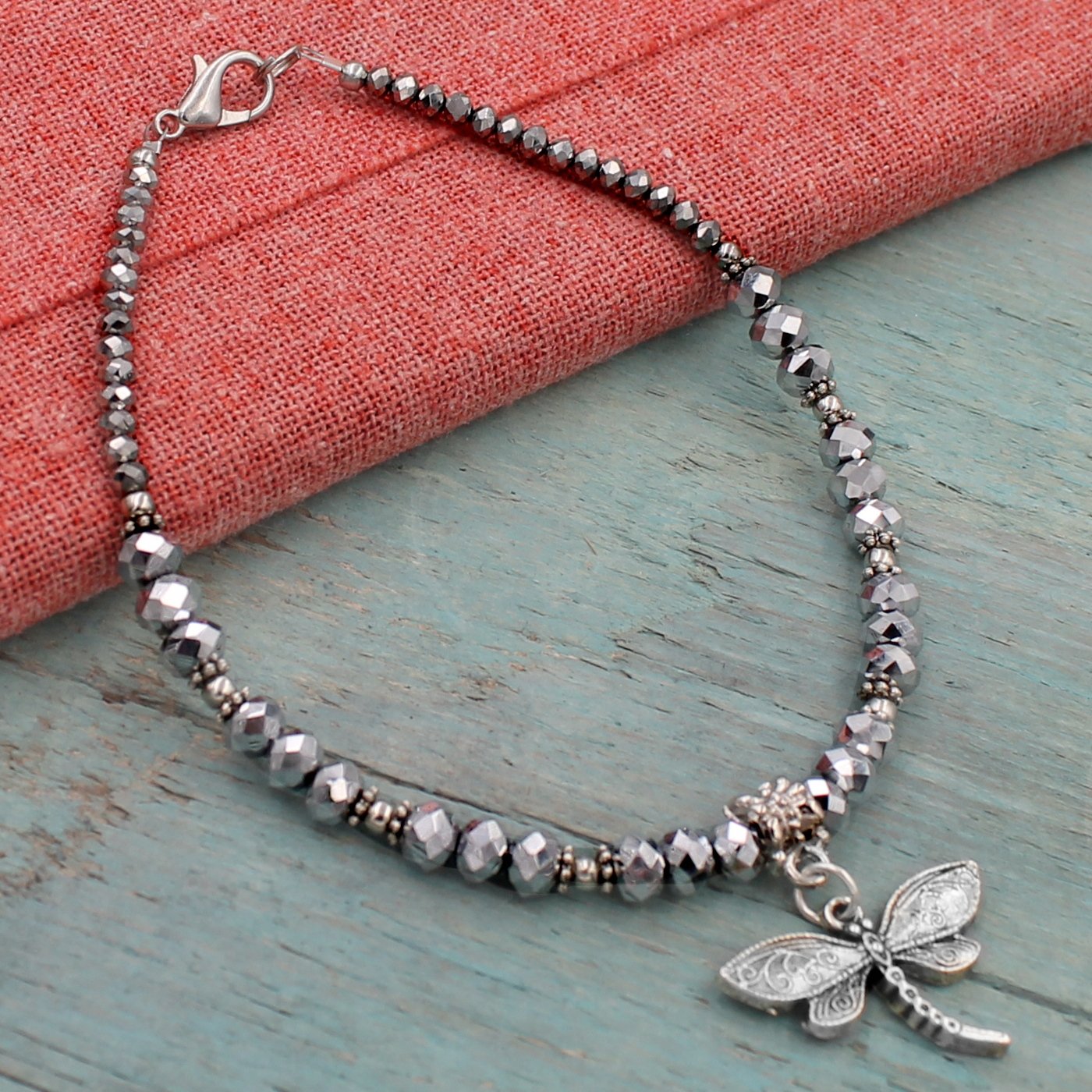 BESHEEK Dragonfly SILVER MIRROR Faceted Crystal Glass Artisan Beaded Anklet with Extension | Handmade Hypoallergenic Beach Gala Wedding Style Jewelry