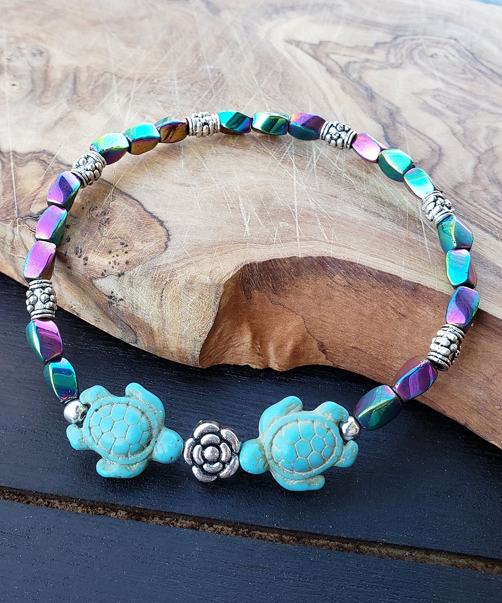 BESHEEK Twist RAINBOW Hematite Stone and BLUE Turquoise Turtle Artisan Beaded Stretch Anklet | Handmade Hypoallergenic Beach Gala Wedding Style Jewelry