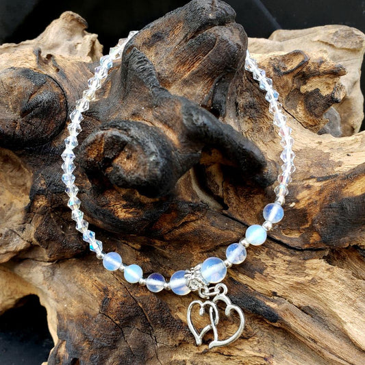 BESHEEK Dual HEARTS Mermaid Glass Crystal Artisan Beaded Stretch Anklet | Handmade Hypoallergenic Beach Gala Wedding Style Jewelry