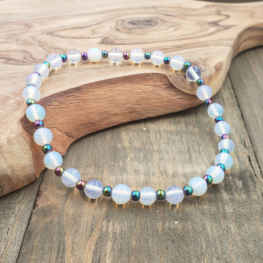 BESHEEK Moonstone Opalite and RAINBOW Hematite Artisan Beaded Stretch Anklet | Handmade Hypoallergenic Beach Gala Wedding Style Jewelry