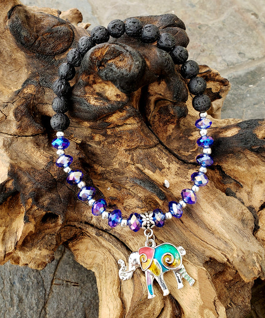 BESHEEK COBALT BLUE and Black Lava bead Mosaic Elephant Stretch Anklet | Handmade Hypoallergenic Beach Gala Wedding Style Jewelry