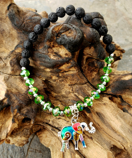 BESHEEK GREEN and Black Lava bead Mosaic Elephant Stretch Anklet | Handmade Hypoallergenic Beach Gala Wedding Style Jewelry