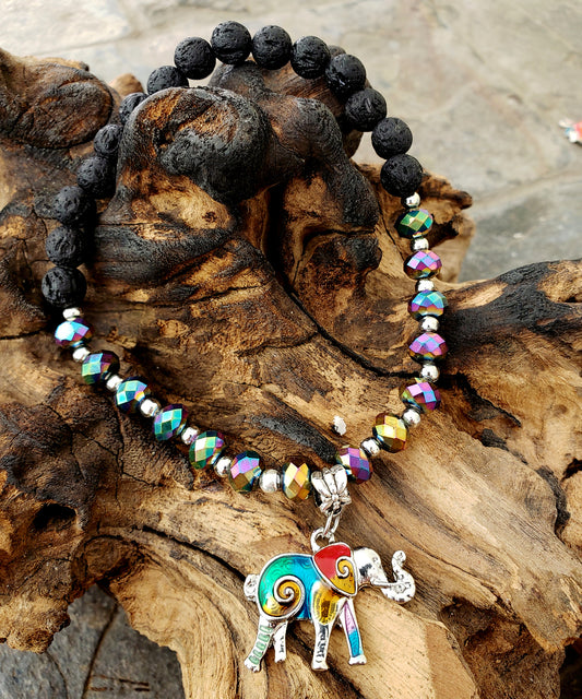 BESHEEK RAINBOW and Black Lava bead Mosaic Elephant Stretch Anklet | Handmade Hypoallergenic Beach Gala Wedding Style Jewelry