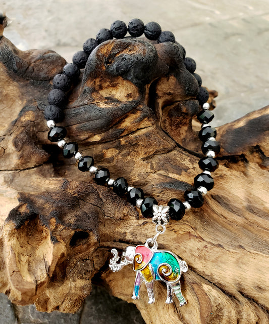 BESHEEK BLACK and Black Lava bead Mosaic Elephant Stretch Anklet | Handmade Hypoallergenic Beach Gala Wedding Style Jewelry