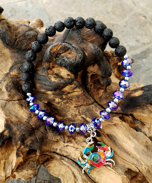 BESHEEK COBALT and Black Lava bead Mosaic Crab Stretch Anklet | Handmade Hypoallergenic Beach Gala Wedding Style Jewelry