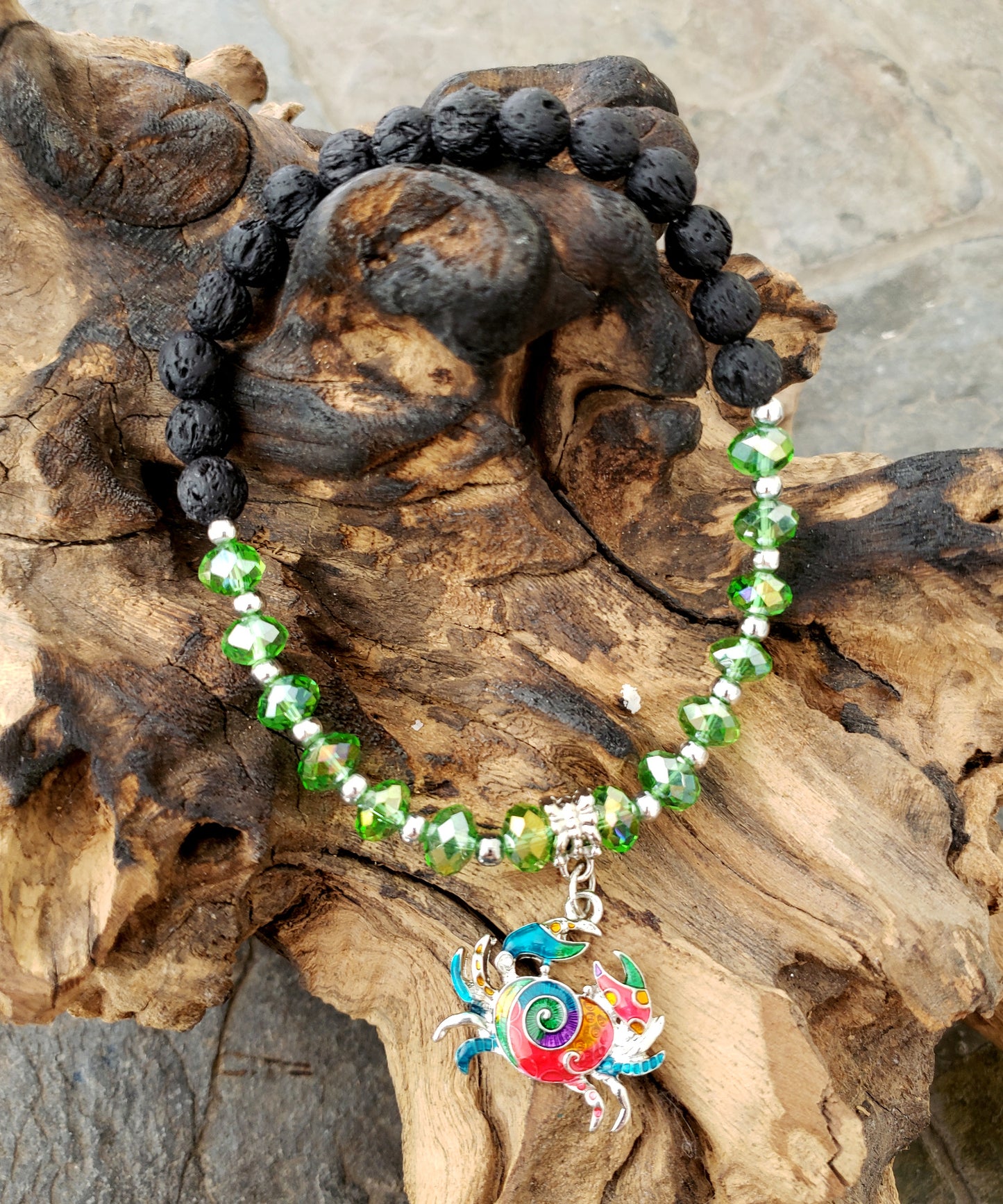 BESHEEK GREEN and Black Lava bead Mosaic Crab Stretch Anklet | Handmade Hypoallergenic Beach Gala Wedding Style Jewelry
