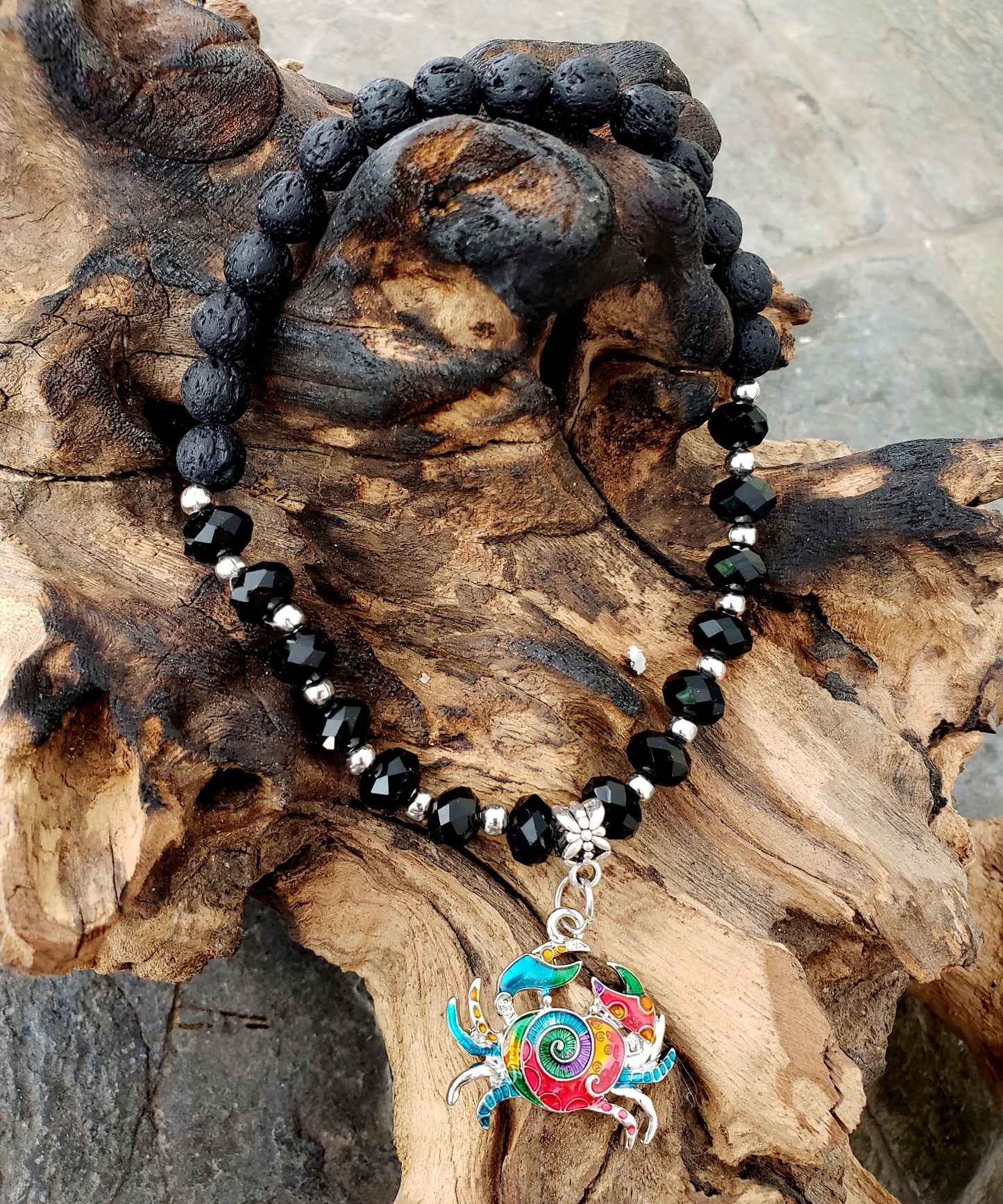 BESHEEK BLACK and Black Lava bead Mosaic Crab Stretch Anklet | Handmade Hypoallergenic Beach Gala Wedding Style Jewelry
