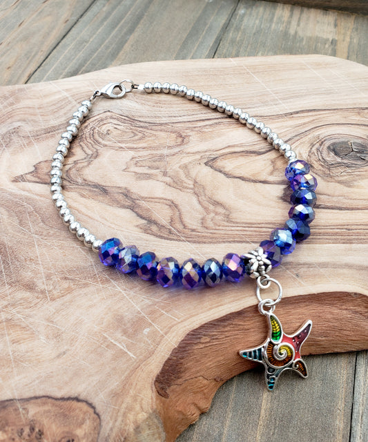 BESHEEK COBALT and Black Lava bead Mosaic star fish Stretch Anklet | Handmade Hypoallergenic Beach Gala Wedding Style Jewelry