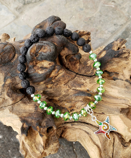 BESHEEK GREEN and Black Lava bead Mosaic star fish Stretch Anklet | Handmade Hypoallergenic Beach Gala Wedding Style Jewelry