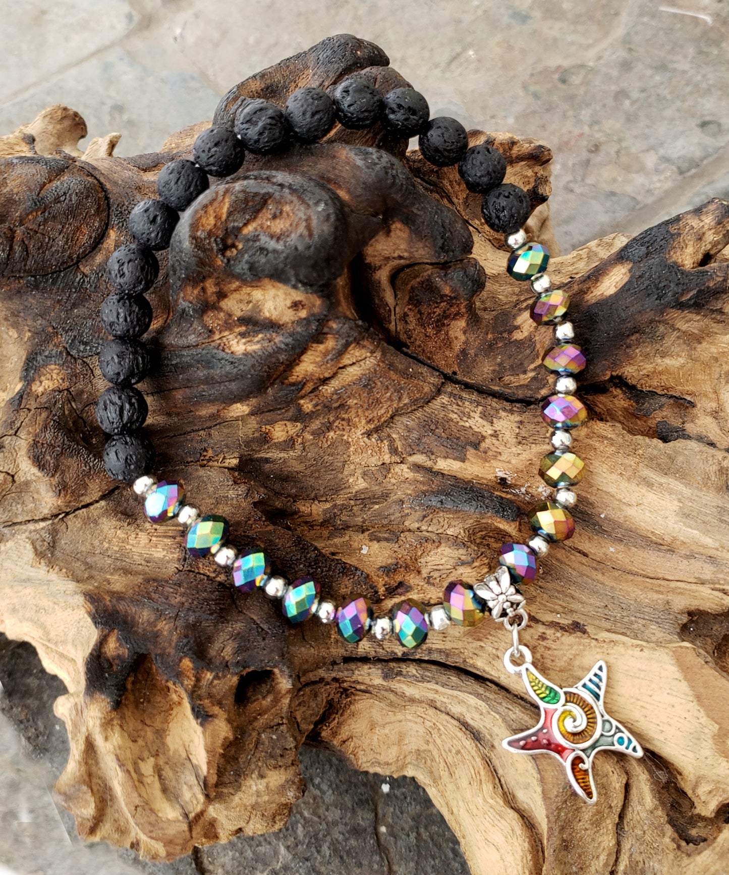 BESHEEK RAINBOW and Black Lava bead Mosaic star fish Stretch Anklet | Handmade Hypoallergenic Beach Gala Wedding Style Jewelry