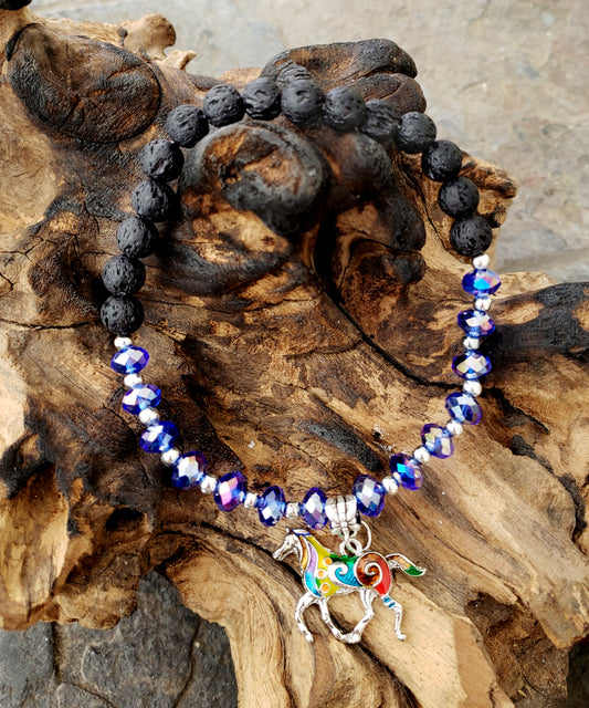 BESHEEK COBALT and Black Lava bead Mosaic Horse Stretch Anklet | Handmade Hypoallergenic Beach Gala Wedding Style Jewelry