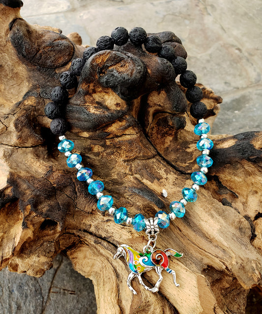BESHEEK AQUA and Black Lava bead Mosaic Horse Stretch Anklet | Handmade Hypoallergenic Beach Gala Wedding Style Jewelry