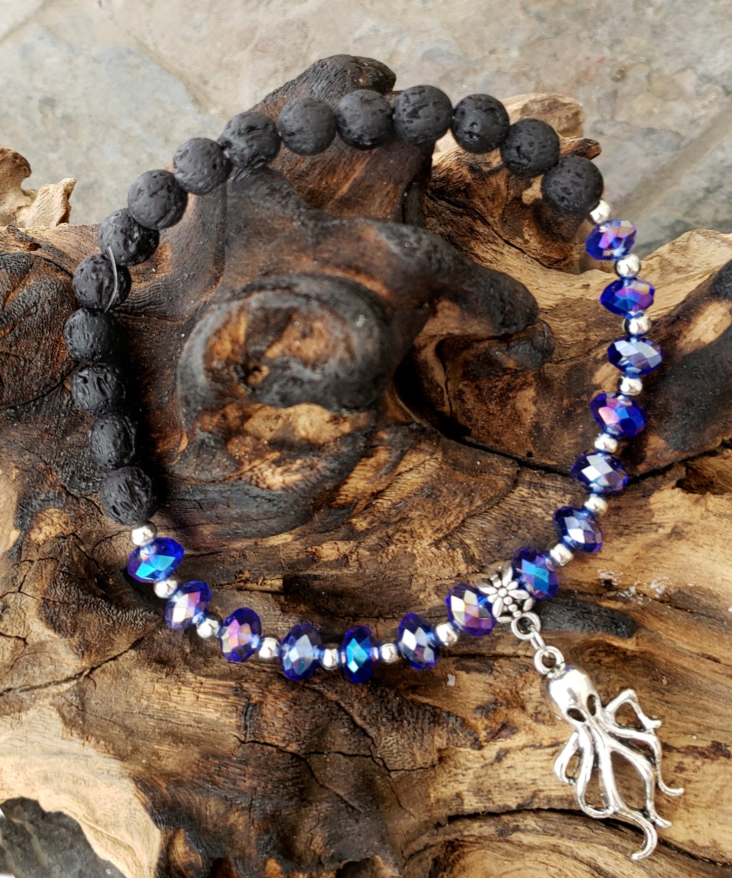 BESHEEK COBALT and Black Lava bead Silvertone Squid Stretch Anklet | Handmade Hypoallergenic Beach Gala Wedding Style Jewelry