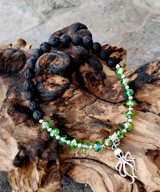 BESHEEK GREEN and Black Lava bead Silvertone Squid Stretch Anklet | Handmade Hypoallergenic Beach Gala Wedding Style Jewelry