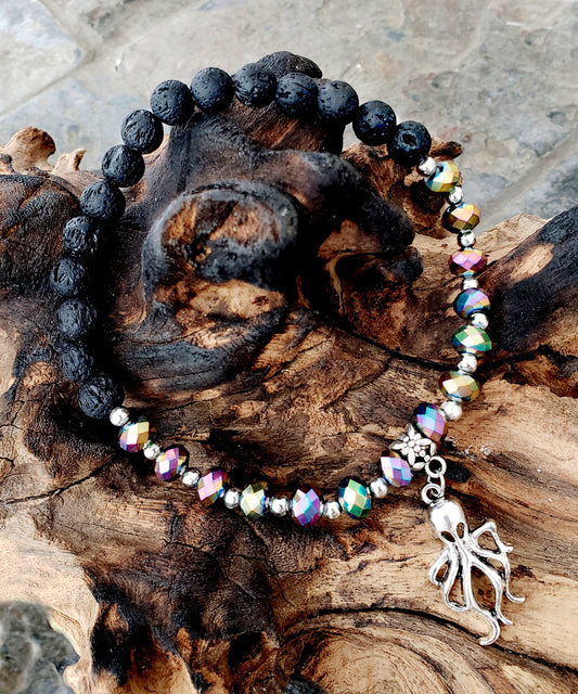 BESHEEK RAINBOW and Black Lava bead Silvertone Squid Stretch Anklet | Handmade Hypoallergenic Beach Gala Wedding Style Jewelry