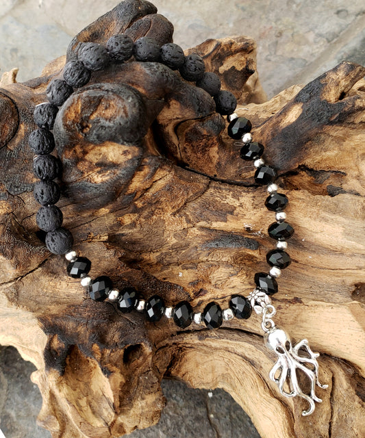 BESHEEK BLACK and Black Lava bead Silvertone Squid Stretch Anklet | Handmade Hypoallergenic Beach Gala Wedding Style Jewelry