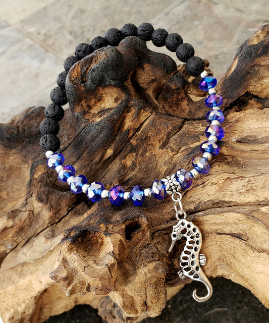 BESHEEK COBALT and Black Lava bead Silvertone Sea Horse Stretch Anklet | Handmade Hypoallergenic Beach Gala Wedding Style Jewelry