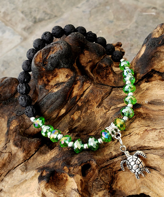BESHEEK GREEN and Black Lava bead Silvertone Sea Turtle Stretch Anklet | Handmade Hypoallergenic Beach Gala Wedding Style Jewelry