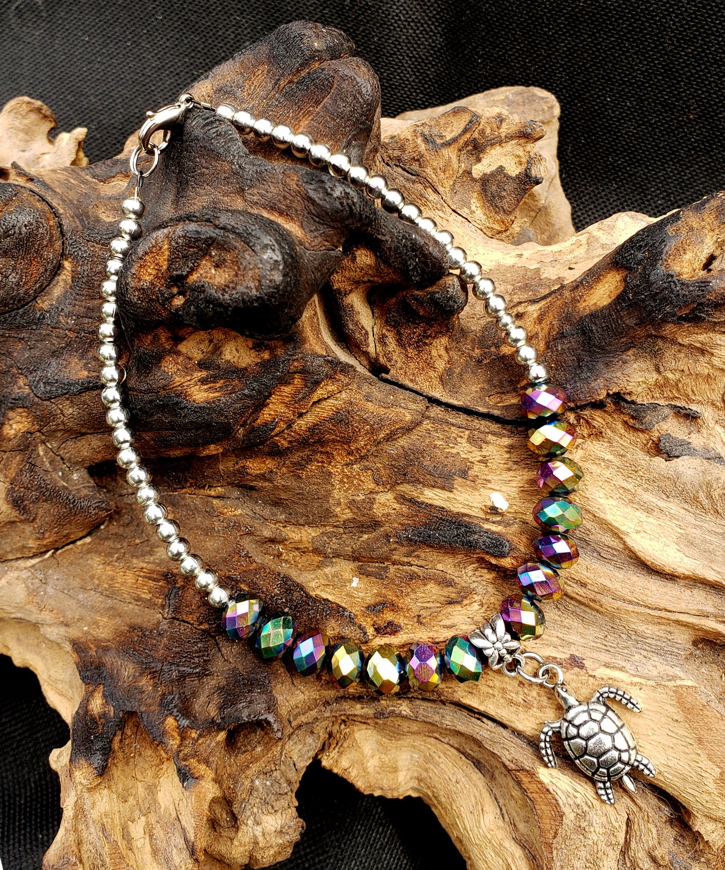 BESHEEK Silvertone Turtle and Rainbow Crystal Anklet | Handmade Hypoallergenic Beach Gala Wedding Style Jewelry