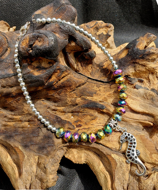 Silvertone Seahorse and RAINBOW Crystal Anklet