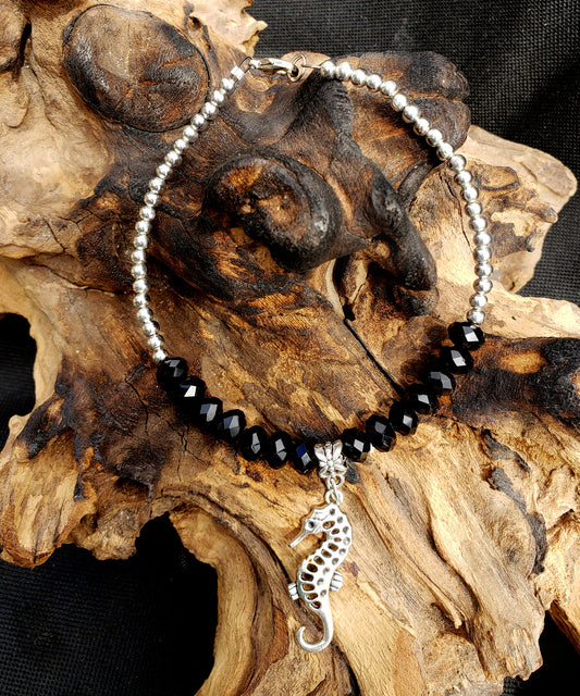 BESHEEK Silvertone Seahorse and BLACK Crystal Anklet | Handmade Hypoallergenic Beach Gala Wedding Style Jewelry