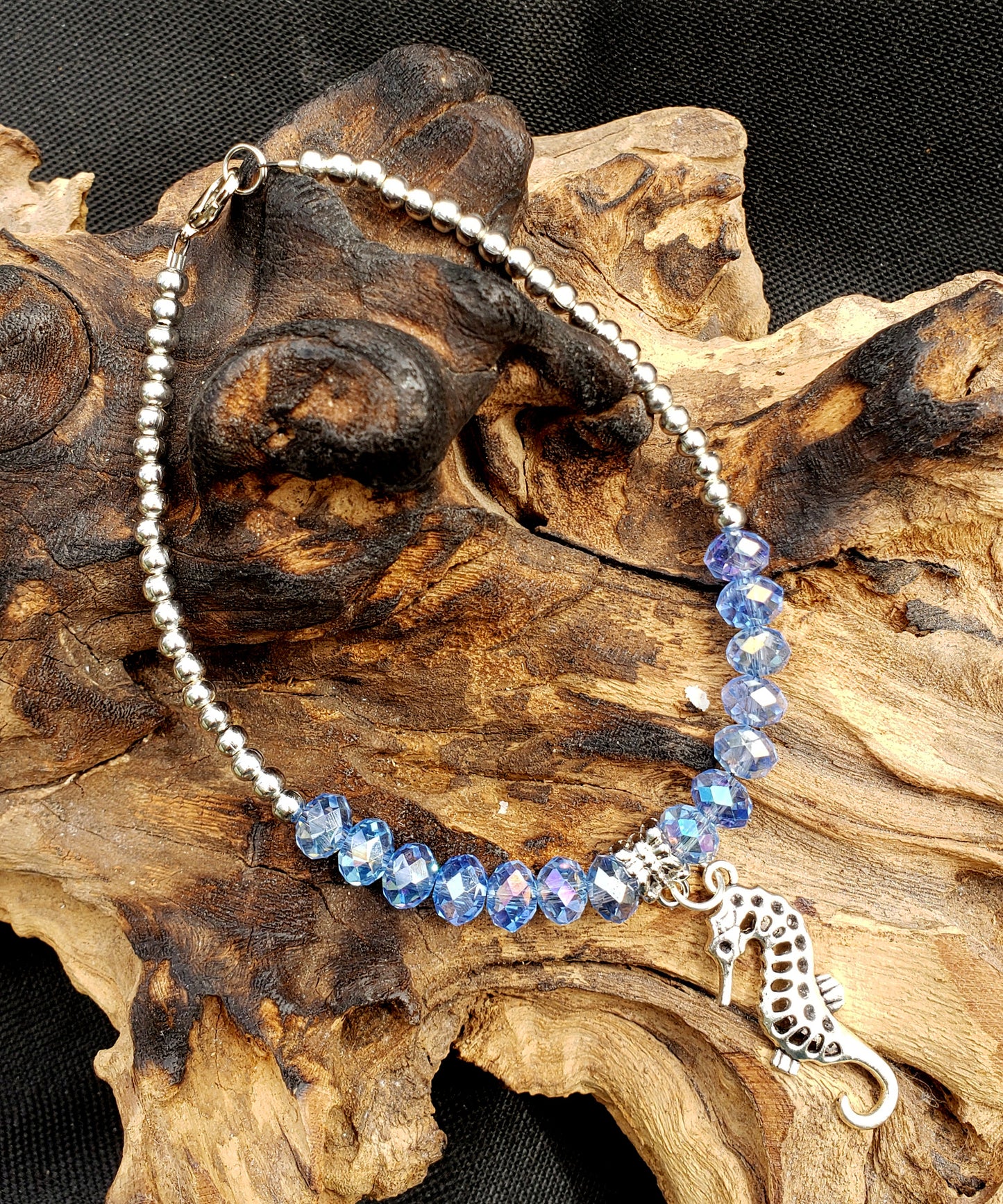 Silvertone Seahorse and SAPPHIRE Crystal Anklet