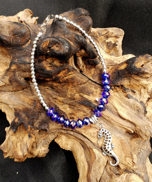 Silvertone Seahorse and COBALT Crystal Anklet
