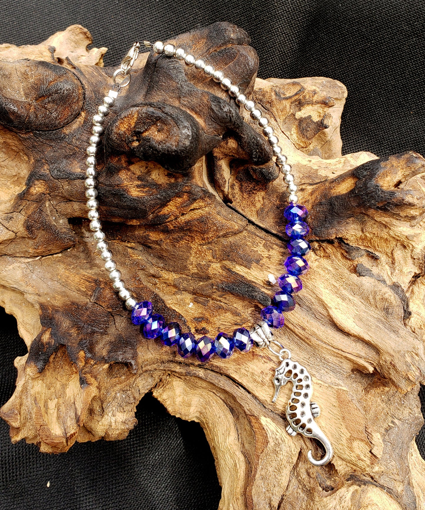 Silvertone Seahorse and COBALT Crystal Anklet