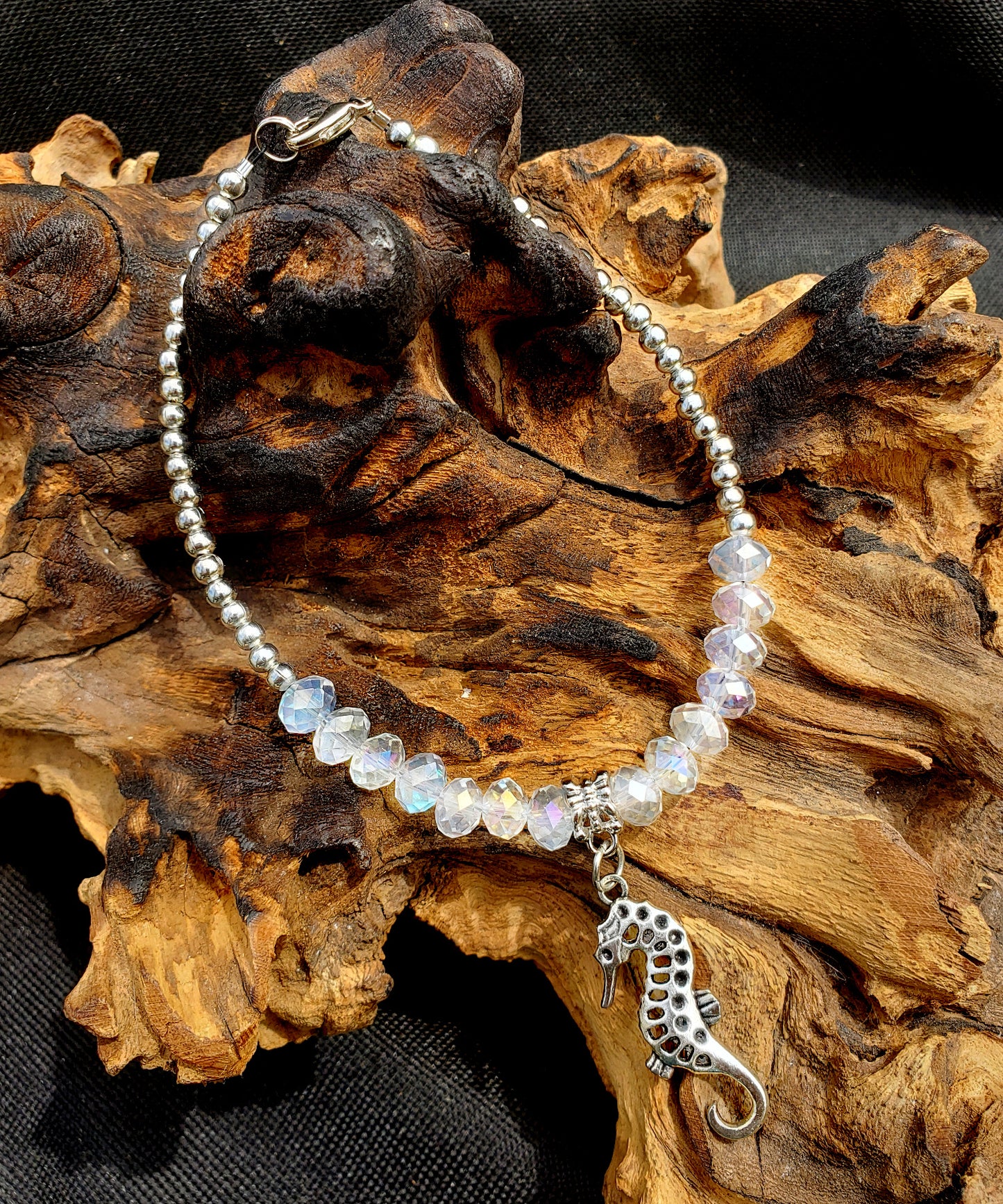 Silvertone Seahorse and CLEAR Crystal Anklet