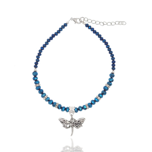 BESHEEK Dragonfly LUSTER BLUE Hue Faceted Crystal Glass Artisan Beaded Anklet with Extension | Handmade Hypoallergenic Beach Gala Wedding Style Jewelry