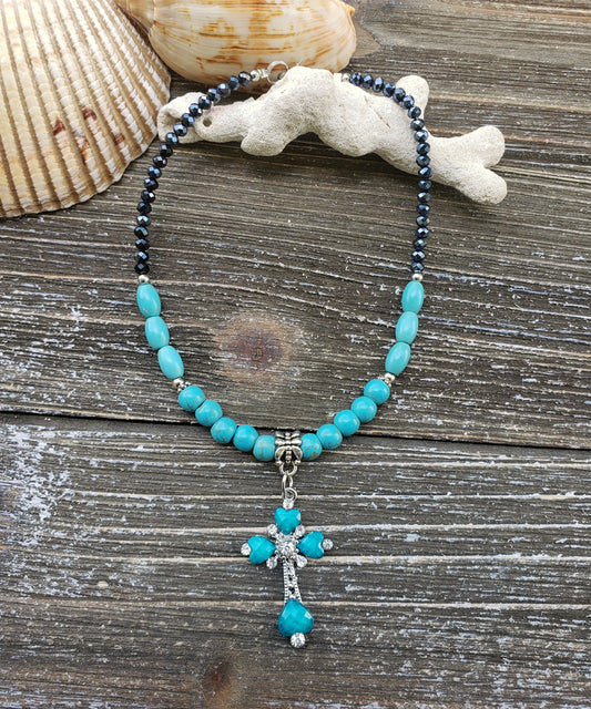 BESHEEK Turquoise Crystal and Rhinestone Cross Anklet | Handmade Hypoallergenic Beach Gala Wedding Style Jewelry