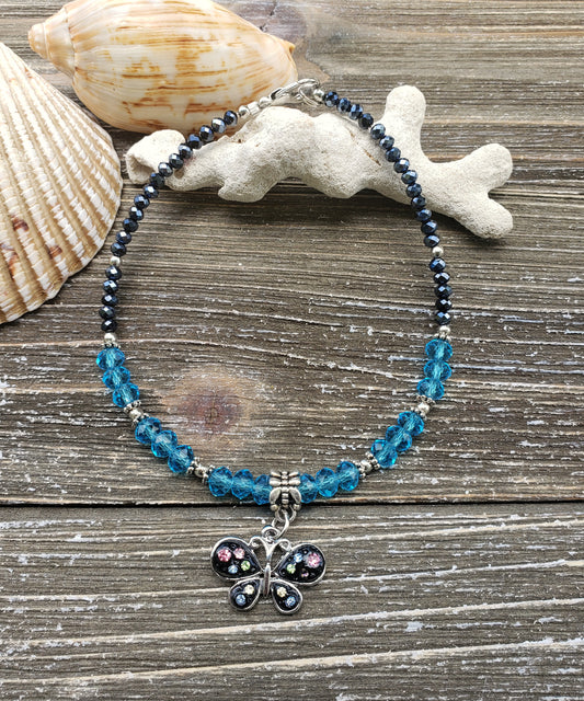 BESHEEK Aqua Blue Crystal and Black Butterfly Anklet | Handmade Hypoallergenic Beach Gala Wedding Style Jewelry