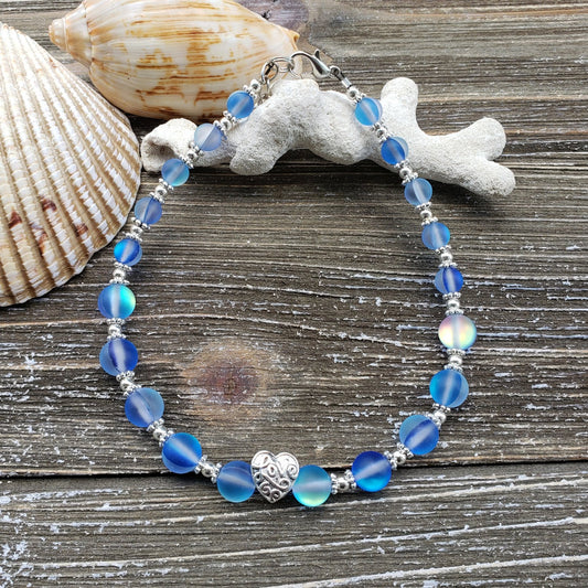 BESHEEK Mermaid BLUE Glass Love Artisan Beaded Anklet with Extension | Handmade Hypoallergenic Beach Gala Wedding Style Jewelry