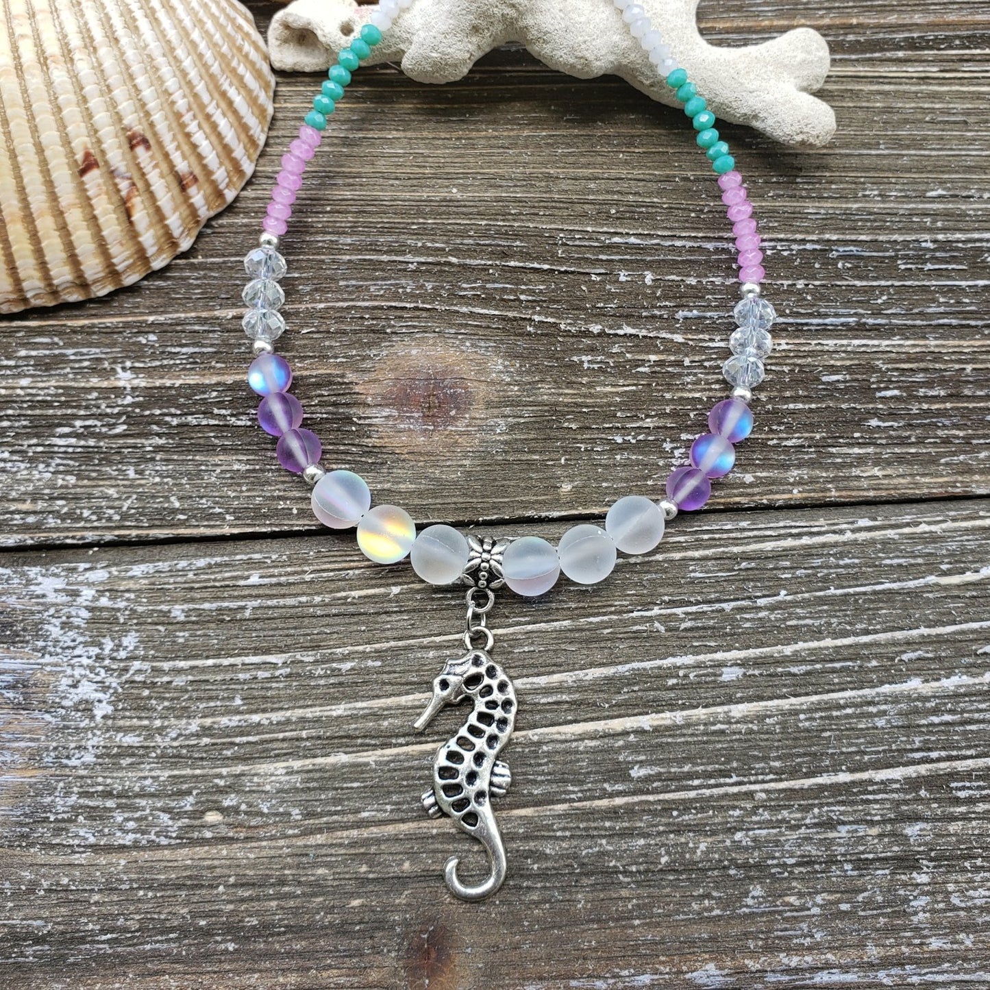 BESHEEK Seahorse BLUE PURPLE WHITE Glass Artisan Beaded Anklet with Extension | Handmade Hypoallergenic Beach Gala Wedding Style Jewelry