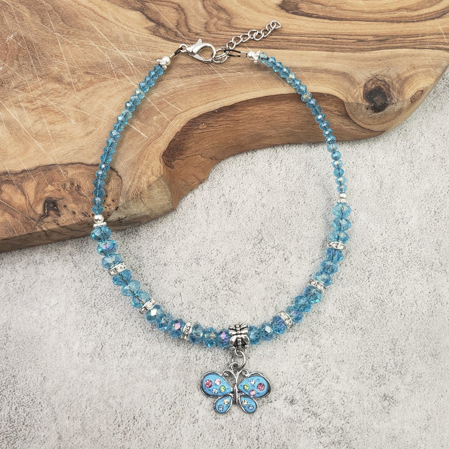 BESHEEK Butterfly BLUE RAINBOW Faceted Crystal Rhinestone Glass Artisan Beaded Anklet with Extension | Handmade Hypoallergenic Beach Gala Wedding Style Jewelry
