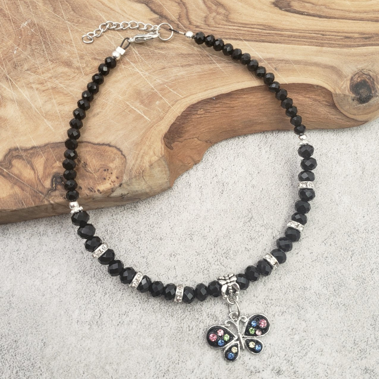 BESHEEK Butterfly BLACK RAINBOW Faceted Crystal Rhinestone Glass Artisan Beaded Anklet with Extension | Handmade Hypoallergenic Beach Gala Wedding Style Jewelry