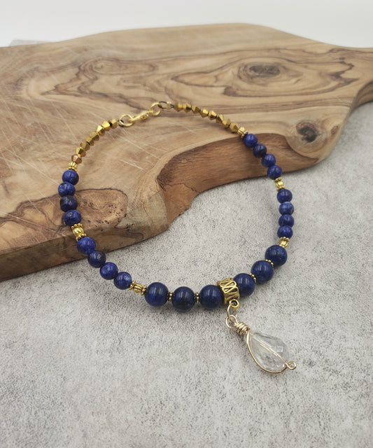 BESHEEK Lapis lazuli and gold and crystal clear Teardrop charm Adjustable Anklet | Handmade Hypoallergenic Beach Gala Wedding Style Jewelry