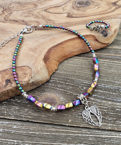 BESHEEK Angel Wings RAINBOW Hematite Artisan Beaded Anklet with Extension | Handmade Hypoallergenic Beach Gala Wedding Style Jewelry