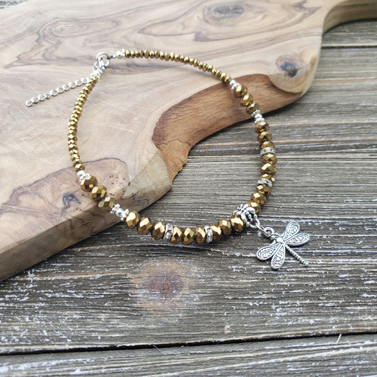 BESHEEK Gold Crystal Beaded Dragonfly Adjustable Anklets | Handmade Hypoallergenic Beach Gala Wedding Style Jewelry