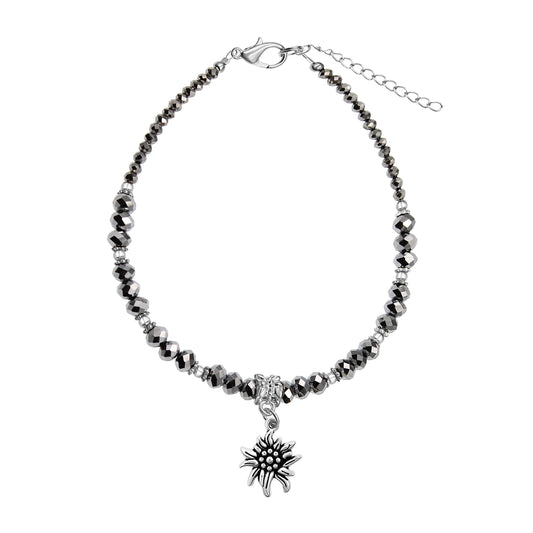 Hematite Crystal & Silvertone Eidleweiss Flower Charm Adjustable Anklet