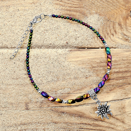 BESHEEK Flower RAINBOW Hematite Artisan Beaded Anklet with Extension | Handmade Hypoallergenic Beach Gala Wedding Style Jewelry