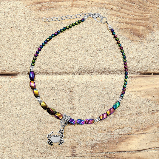 BESHEEK Crab RAINBOW Hematite Artisan Beaded Anklet with Extension | Handmade Hypoallergenic Beach Gala Wedding Style Jewelry