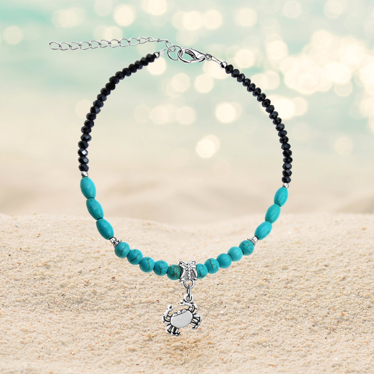 BESHEEK Crab BLUE and BLACK Turquoise Stone Artisan Beaded Anklet with Extension | Handmade Hypoallergenic Beach Gala Wedding Style Jewelry