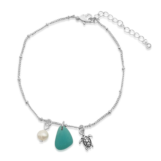 BESHEEK Seaglass BLUE Turtle and Pearl Artisan Silvertone Chain Anklet with Extension | Handmade Hypoallergenic Beach Gala Wedding Style Jewelry